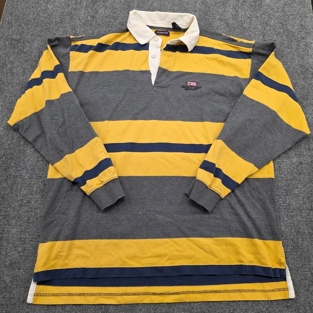 VTG 90s Gant USA Yellow and Gray Striped Rugby Shirt Size XL